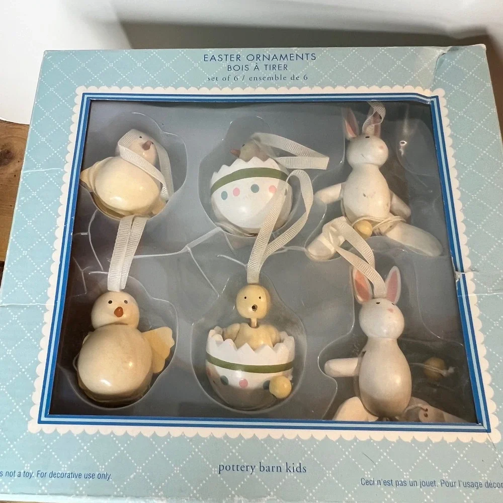 Pottery Barn Kids Easter Ornaments Set of 6 Wooden Bunny Chick Egg Spring‎ Decor